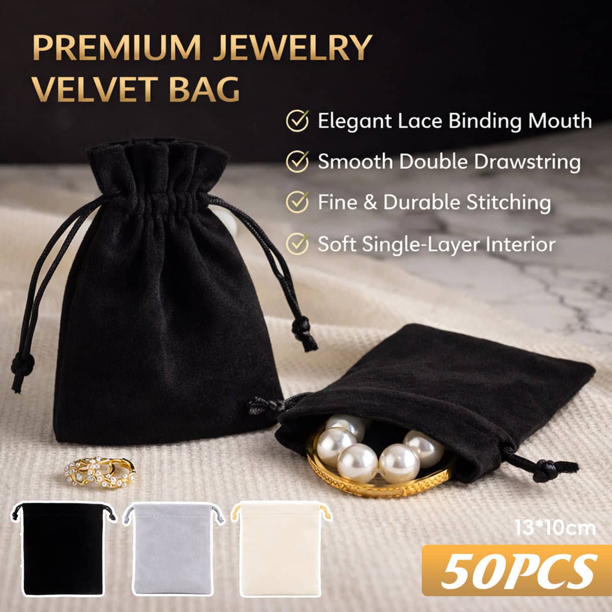 Velvet Jewellery Drawstring Pouches - Grey, Pack of 50 - view 2