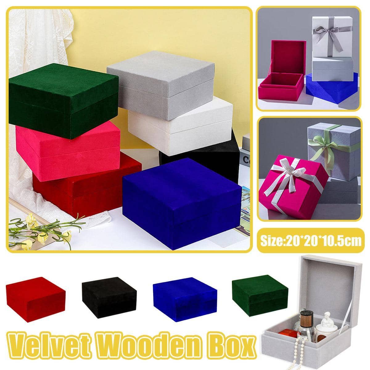 Velvet Wooden Jewellery Box, 20 x 20 x 10.5 cm - Rose Red - view 2