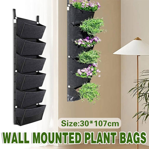 Vertical Wall Hanging Felt Planting Bag with 6 Pockets for Flowers and Herbs