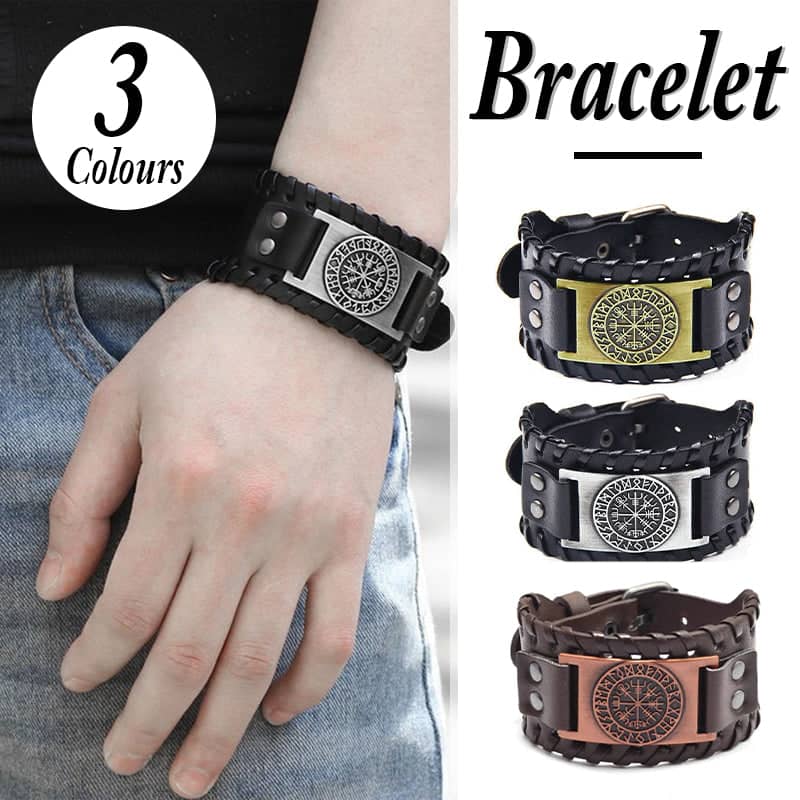 Viking Compass PU Leather Bracelet - Black and Bronze - view 2