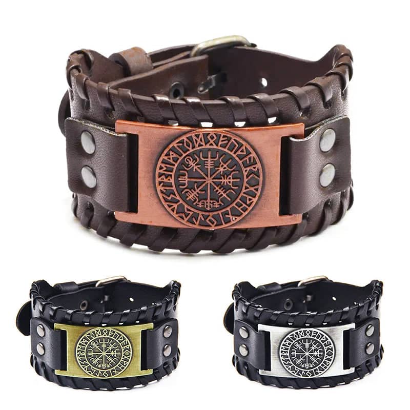 Viking Compass PU Leather Bracelet - Black and Bronze - view 3