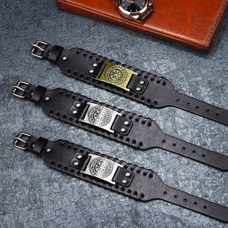 Viking Compass PU Leather Bracelet - Black and Bronze - view 5