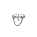 Vintage Adjustable Open Ring for Women - Chain and Cross Design, Silver-Tone