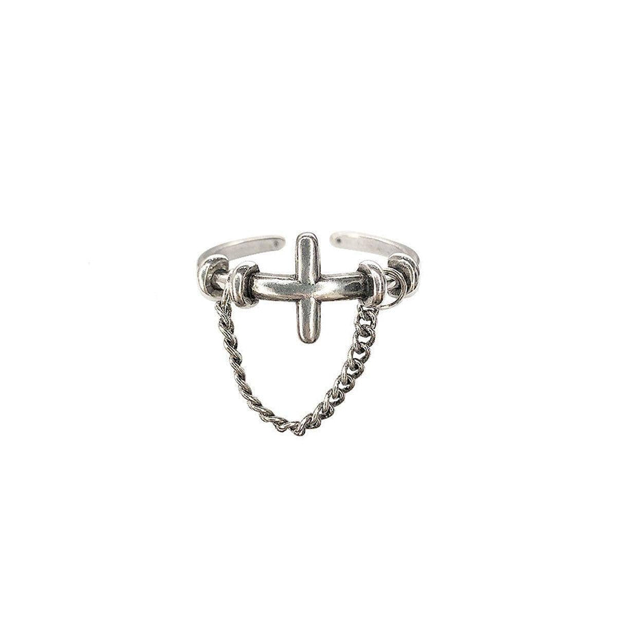 Vintage Adjustable Open Ring for Women - Chain and Cross Design, Silver-Tone
