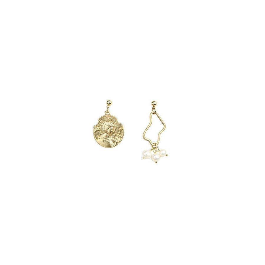 Vintage Baroque Imitation Pearl Earrings - Gold Coin and Wavy Frame with Pearls
