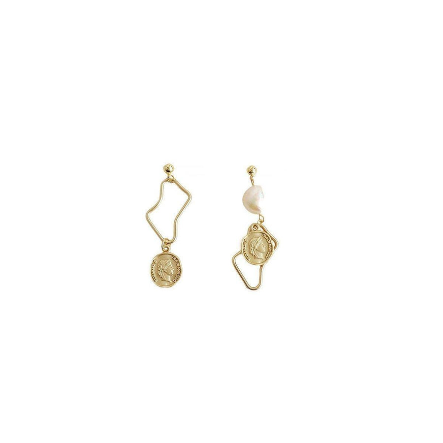 Vintage Baroque Imitation Pearl Earrings - Gold Wavy Frame, Coin and Pearl