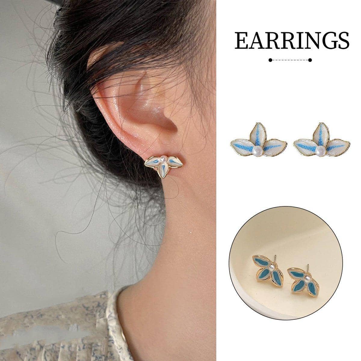 Vintage Blue and White Stud Earrings with Pearl for Women