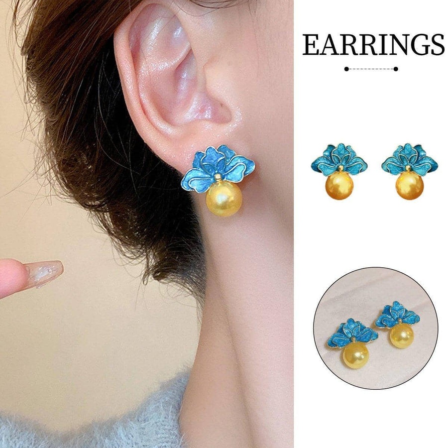 Vintage Blue Flower Stud Earrings with Gold Pearl Drop for Women
