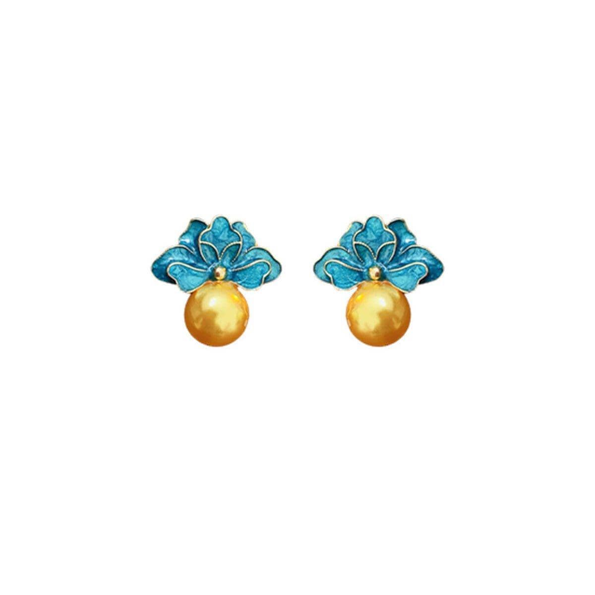 Vintage Blue Flower Stud Earrings with Gold Pearl Drop for Women - view 2