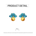 Vintage Blue Flower Stud Earrings with Gold Pearl Drop for Women - view 3