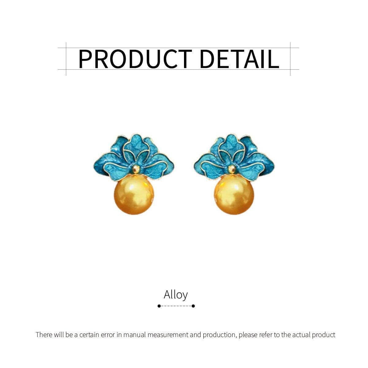 Vintage Blue Flower Stud Earrings with Gold Pearl Drop for Women - view 3
