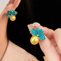 Vintage Blue Flower Stud Earrings with Gold Pearl Drop for Women - view 4