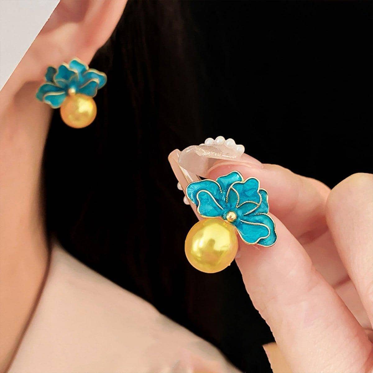 Vintage Blue Flower Stud Earrings with Gold Pearl Drop for Women - view 4