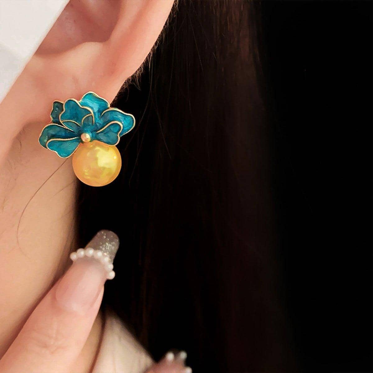 Vintage Blue Flower Stud Earrings with Gold Pearl Drop for Women - view 5