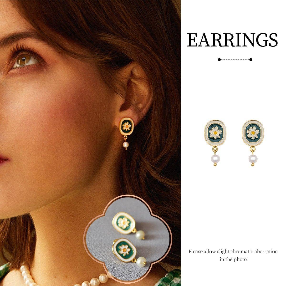 Vintage Chamomile Stud Earrings for Women, Green Enamel and Pearl