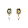 Vintage Chamomile Stud Earrings for Women, Green Enamel and Pearl - view 2