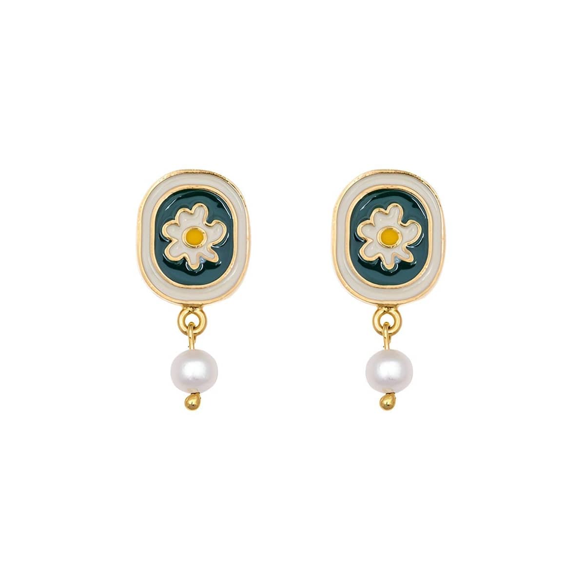 Vintage Chamomile Stud Earrings for Women, Green Enamel and Pearl - view 2
