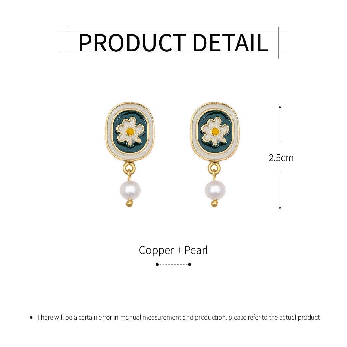 Vintage Chamomile Stud Earrings for Women, Green Enamel and Pearl - view 3