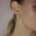 Vintage Chamomile Stud Earrings for Women, Green Enamel and Pearl - view 5
