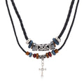Vintage Cross Necklace with Wooden Beads - Silver Cross