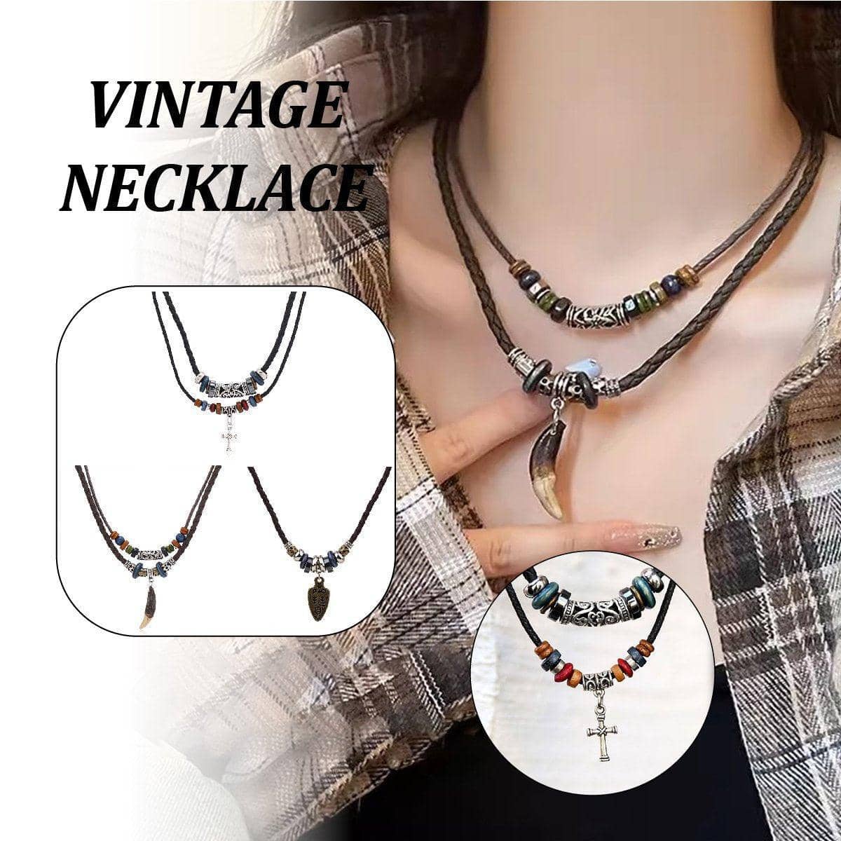 Vintage Cross Necklace with Wooden Beads - Silver Cross - view 2