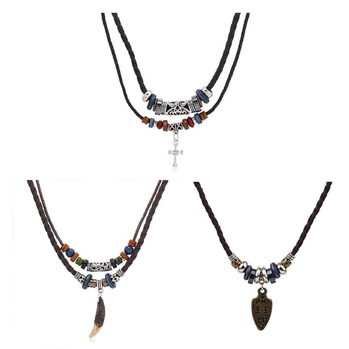 Vintage Cross Necklace with Wooden Beads - Silver Cross - view 3