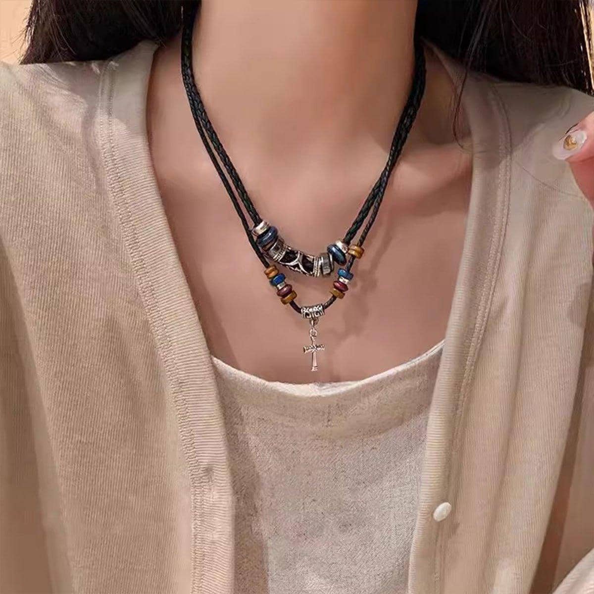 Vintage Cross Necklace with Wooden Beads - Silver Cross - view 5
