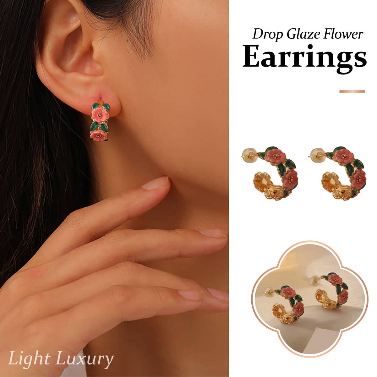 Vintage Enamel Camellia Hoop Earrings, French Style Floral Drop Glaze Design