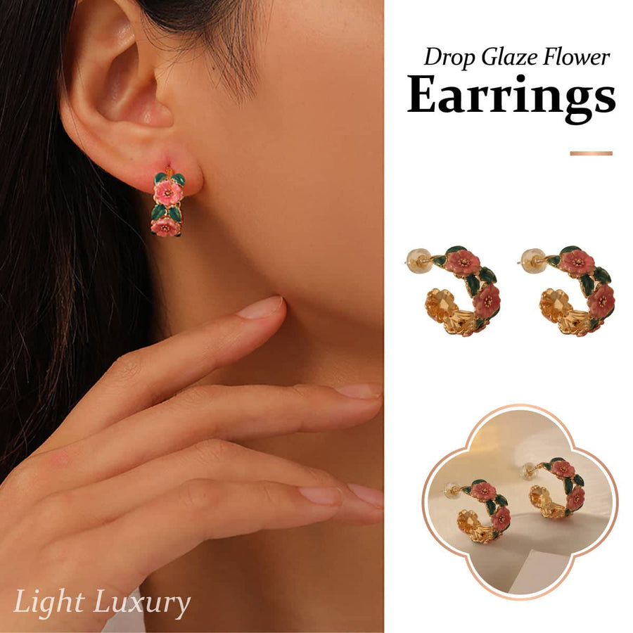 Vintage Enamel Camellia Hoop Earrings, French Style Floral Drop Glaze Design