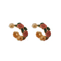 Vintage Enamel Camellia Hoop Earrings, French Style Floral Drop Glaze Design - view 2
