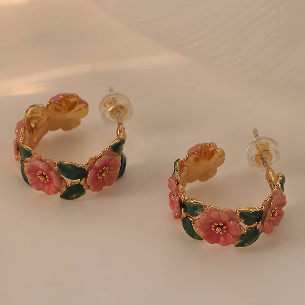 Vintage Enamel Camellia Hoop Earrings, French Style Floral Drop Glaze Design - view 4