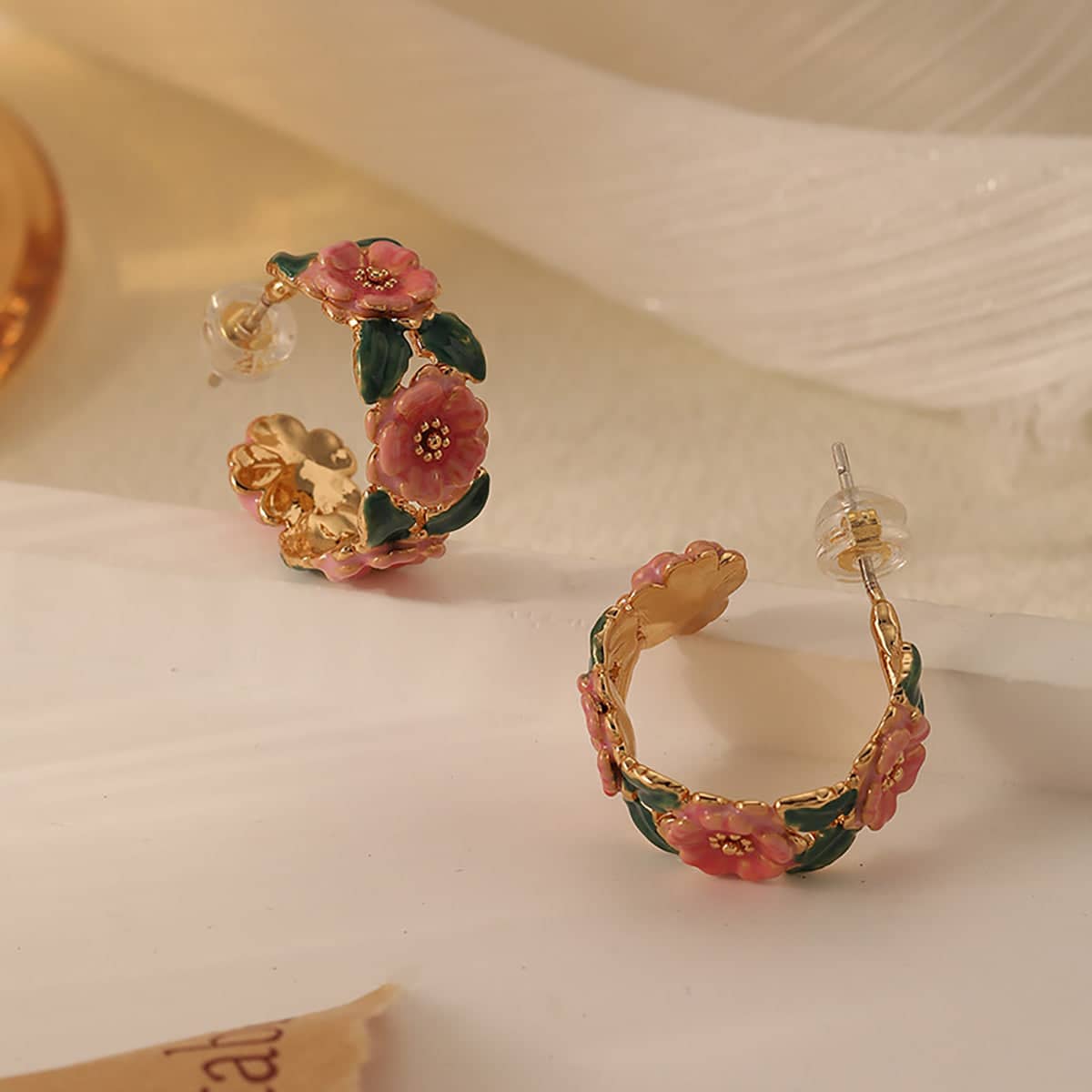 Vintage Enamel Camellia Hoop Earrings, French Style Floral Drop Glaze Design - view 5