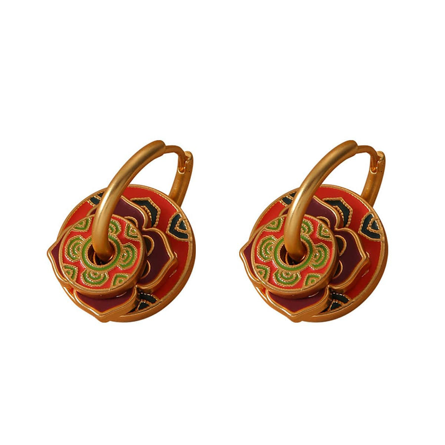 Vintage Enamel Hoop Earrings with Removable Charms - Red Petal Charm
