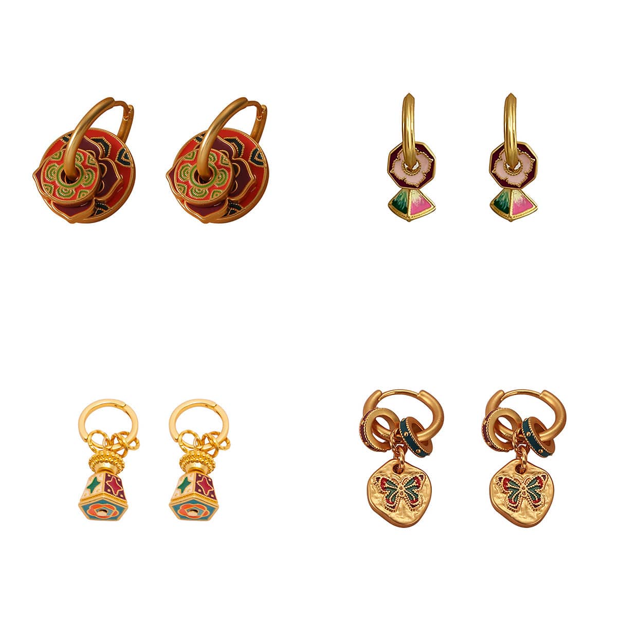 Vintage Enamel Hoop Earrings with Removable Charms - Red Petal Charm - view 3