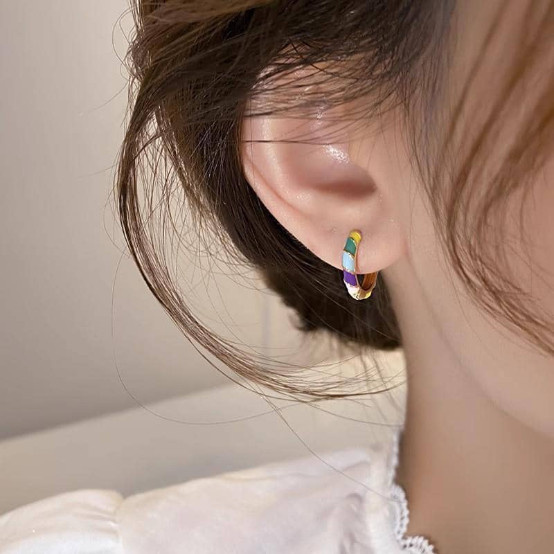 Vintage Enamel Hoop Earrings for Women - Multicolour Striped - view 4