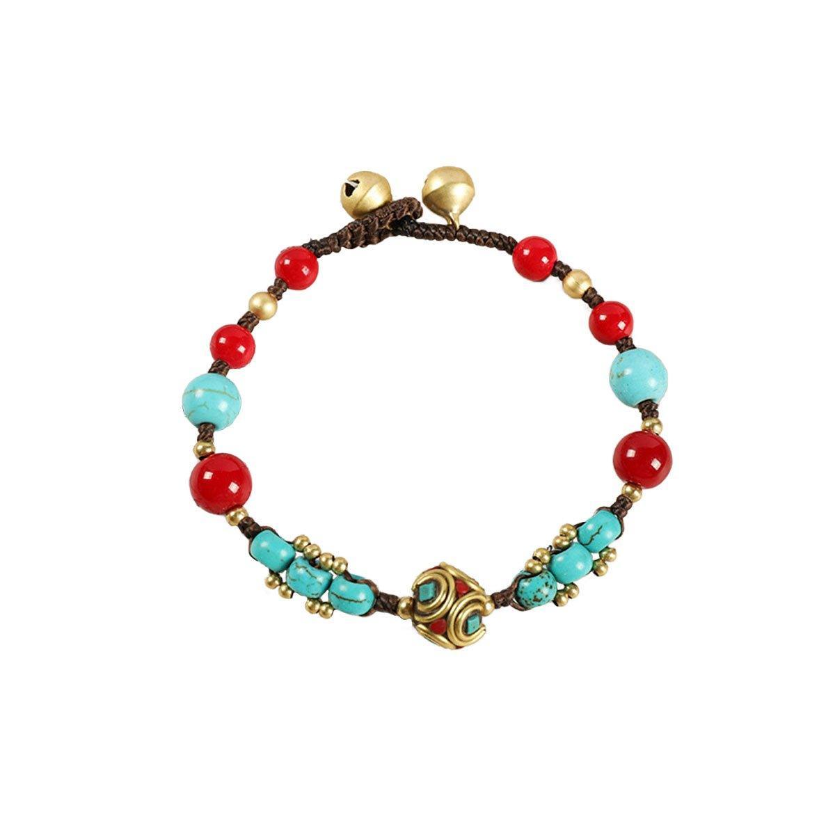 Vintage Ethnic Beaded Bracelet with Bells - Red Beads and Turquoise Chunks