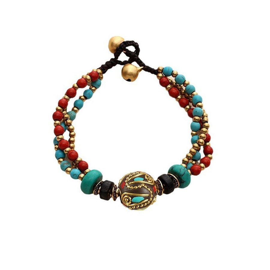 Vintage Ethnic Beaded Bracelet with Bells - Red and Turquoise Triple Strand