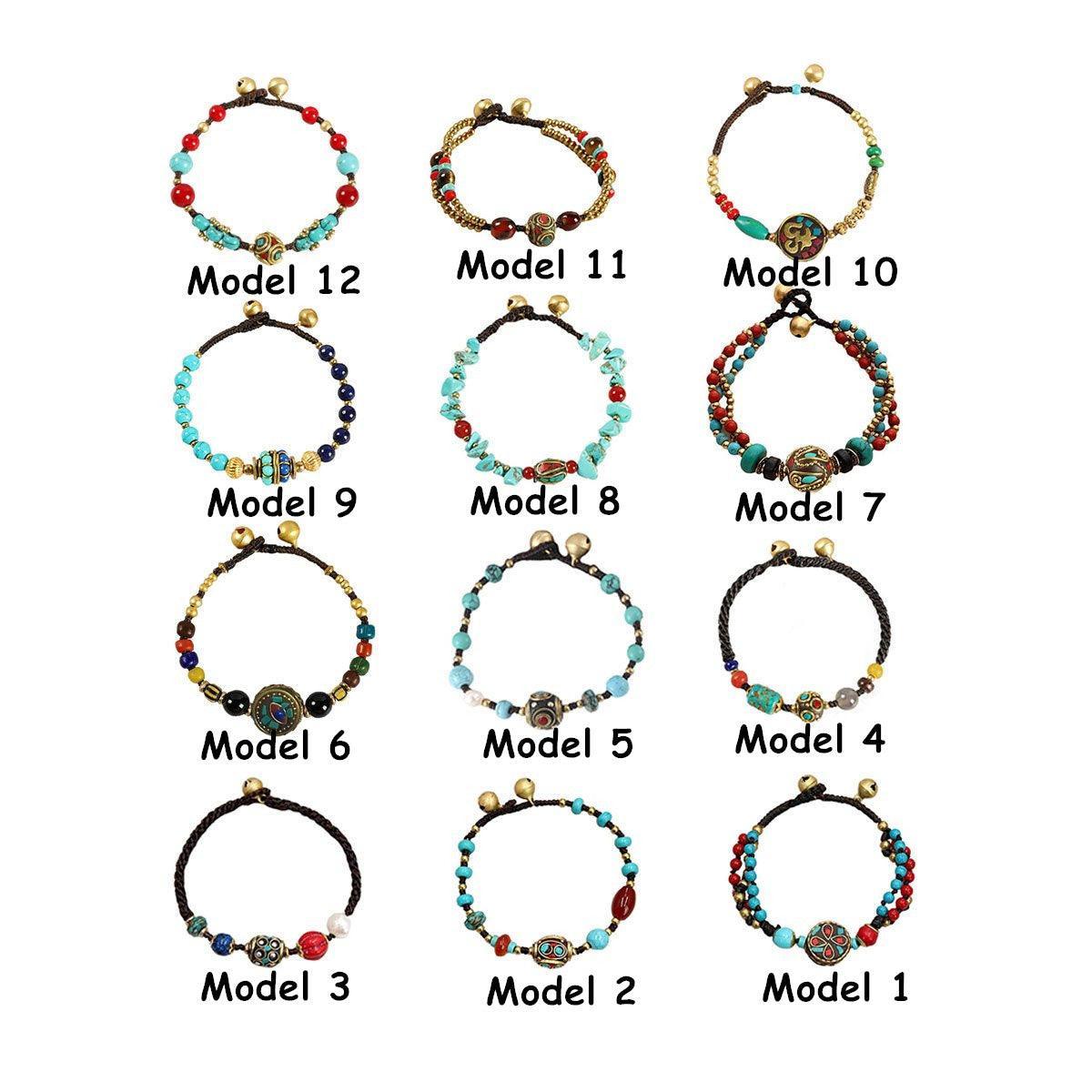 Vintage Ethnic Beaded Bracelet with Bells - Red and Turquoise Triple Strand - view 4