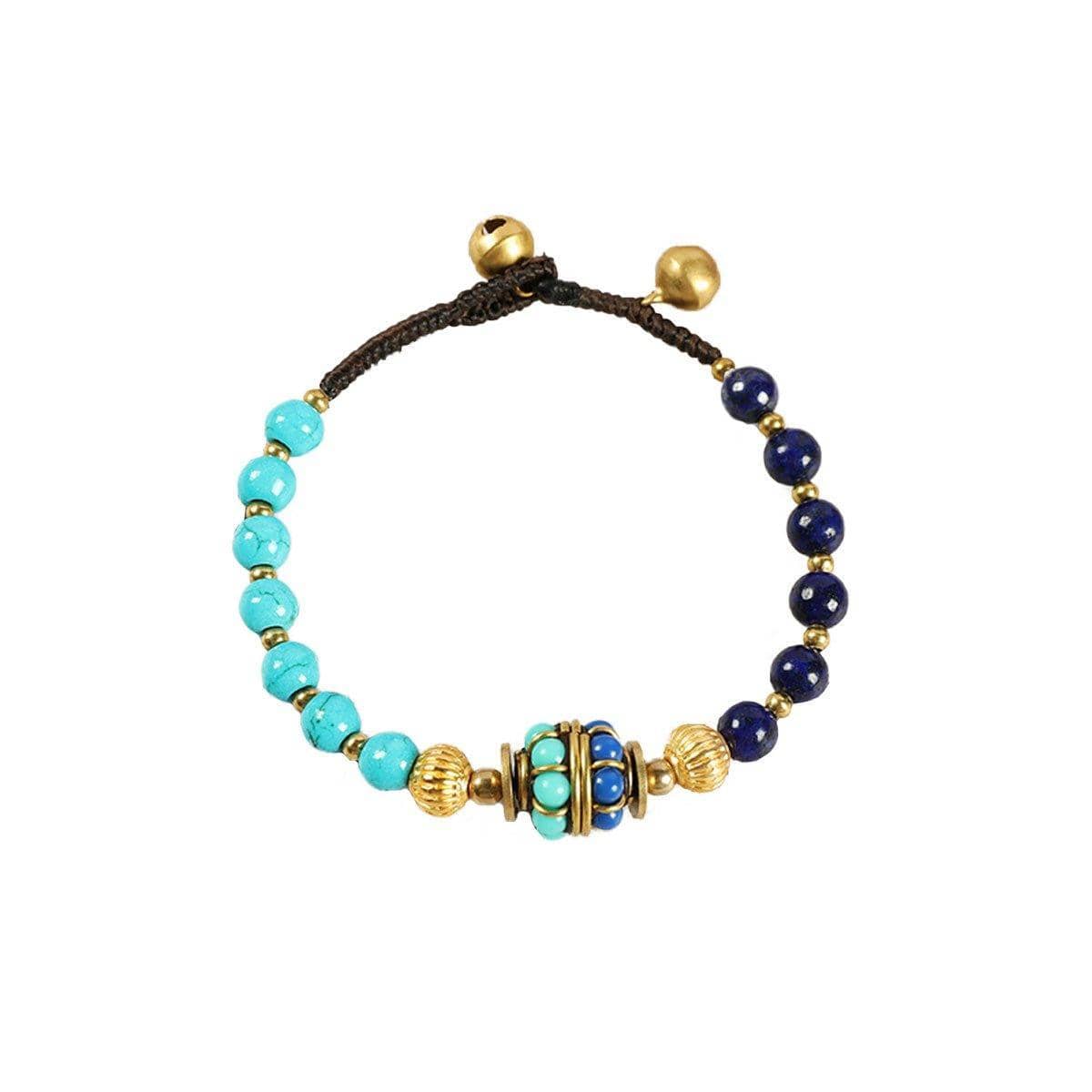 Vintage Ethnic Beaded Bracelet with Bells - Turquoise and Navy Beads with Gold Accents