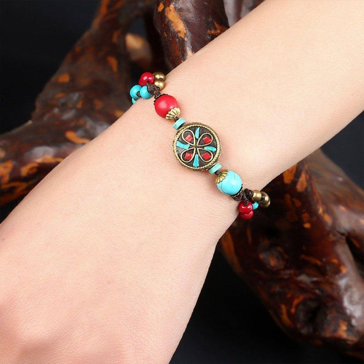 Vintage Ethnic Beaded Bracelet with Bells - Turquoise and Navy Beads with Gold Accents - view 5