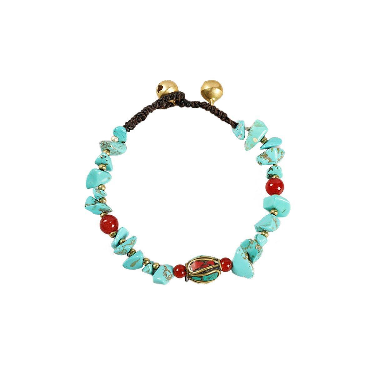 Vintage Ethnic Beaded Bracelet for Women - Turquoise Chips and Red Beads