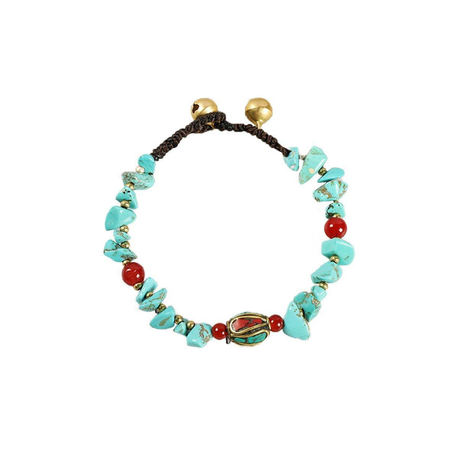 Vintage Ethnic Beaded Bracelet for Women - Turquoise Chips and Red Beads