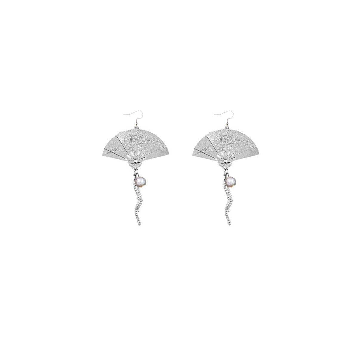 Vintage Fan Drop Earrings with Chain and Pearl Detail, Foldable Design - Silver