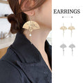 Vintage Fan Drop Earrings with Chain and Pearl Detail, Foldable Design - Silver - view 2