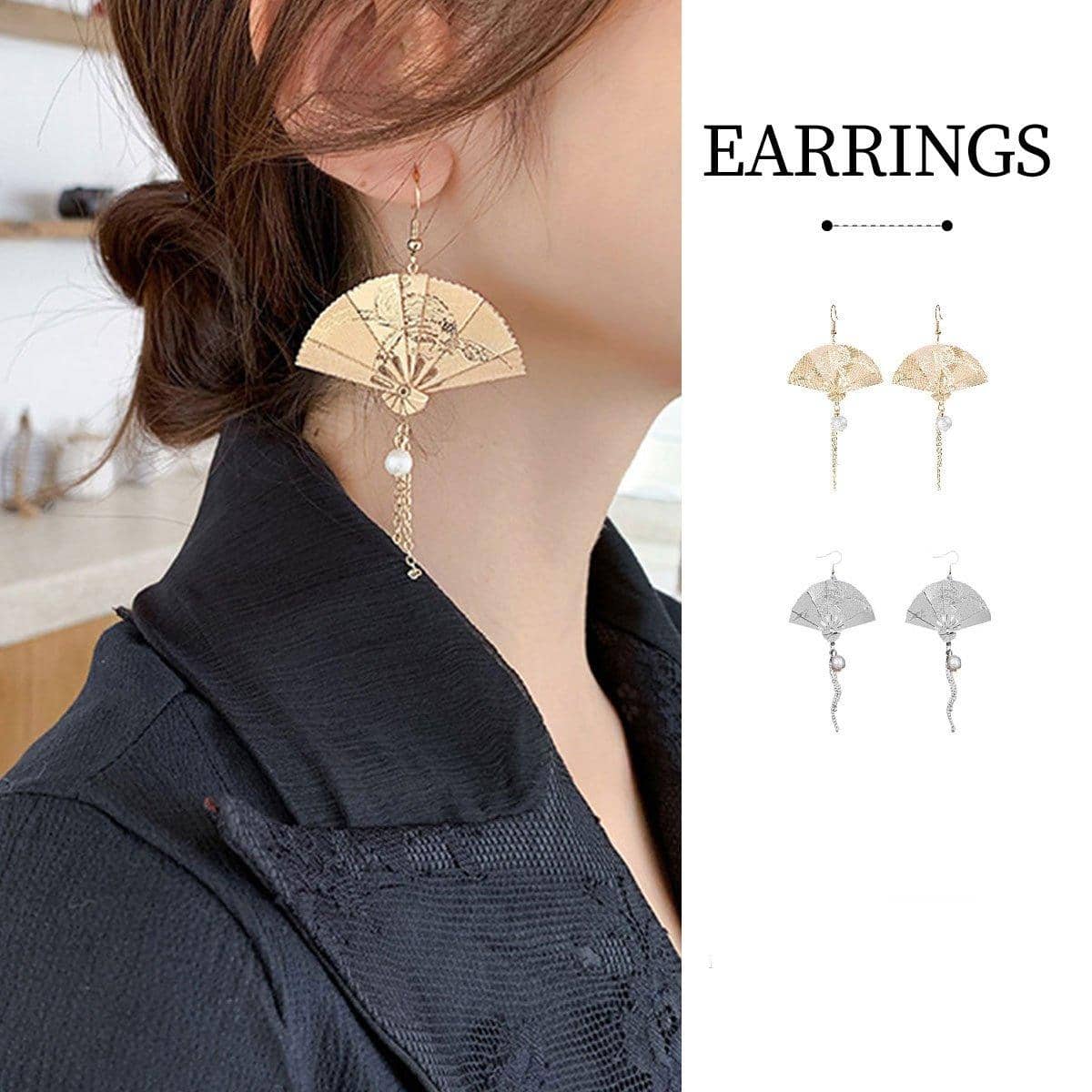 Vintage Fan Drop Earrings with Chain and Pearl Detail, Foldable Design - Silver - view 2
