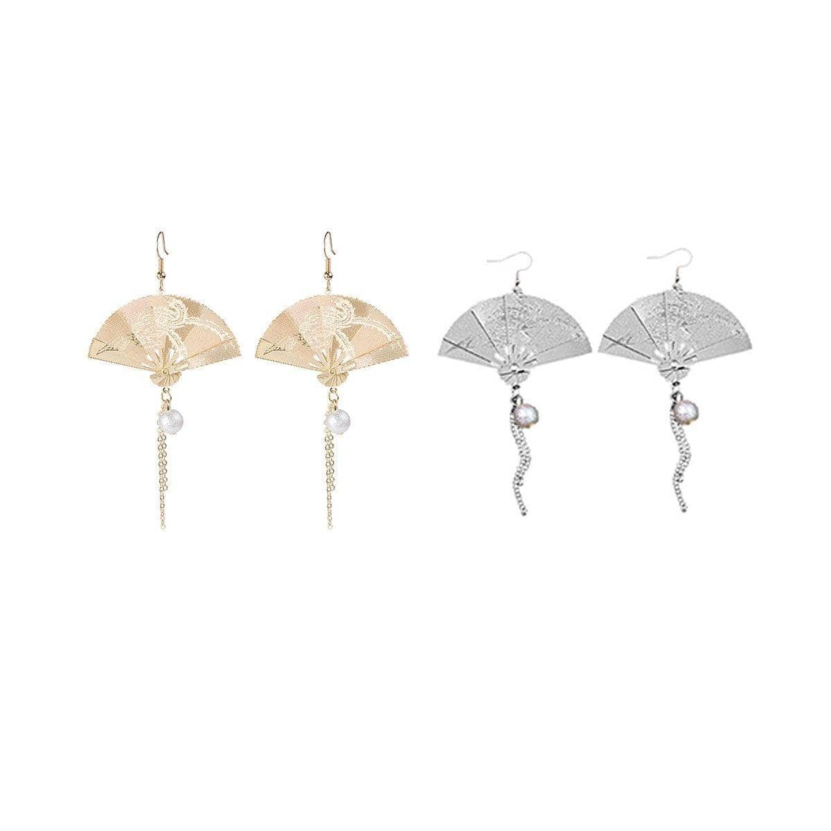 Vintage Fan Drop Earrings with Chain and Pearl Detail, Foldable Design - Silver - view 3