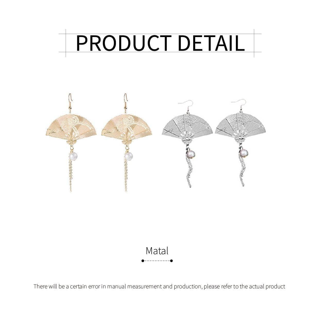 Vintage Fan Drop Earrings with Chain and Pearl Detail, Foldable Design - Silver - view 4