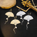 Vintage Fan Drop Earrings with Chain and Pearl Detail, Foldable Design - Silver - view 5