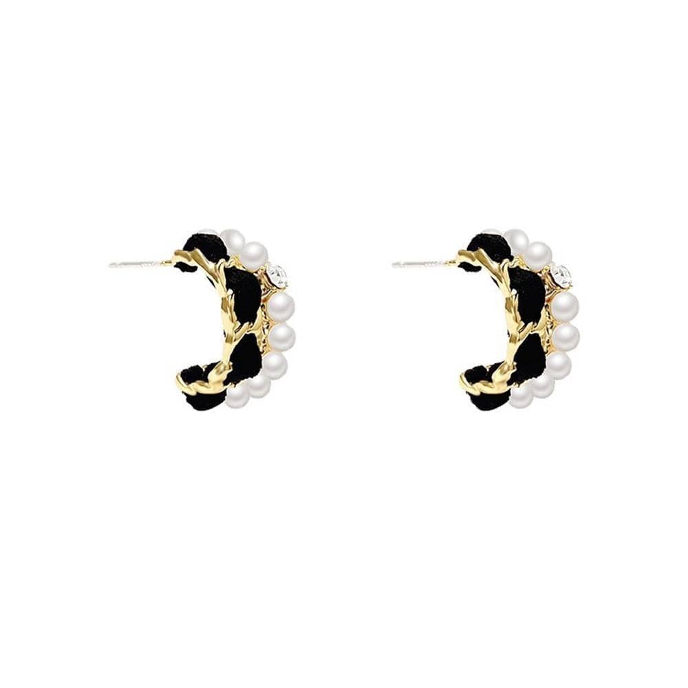 Vintage Faux Pearl Earrings - Black Woven Half Hoop with Pearls