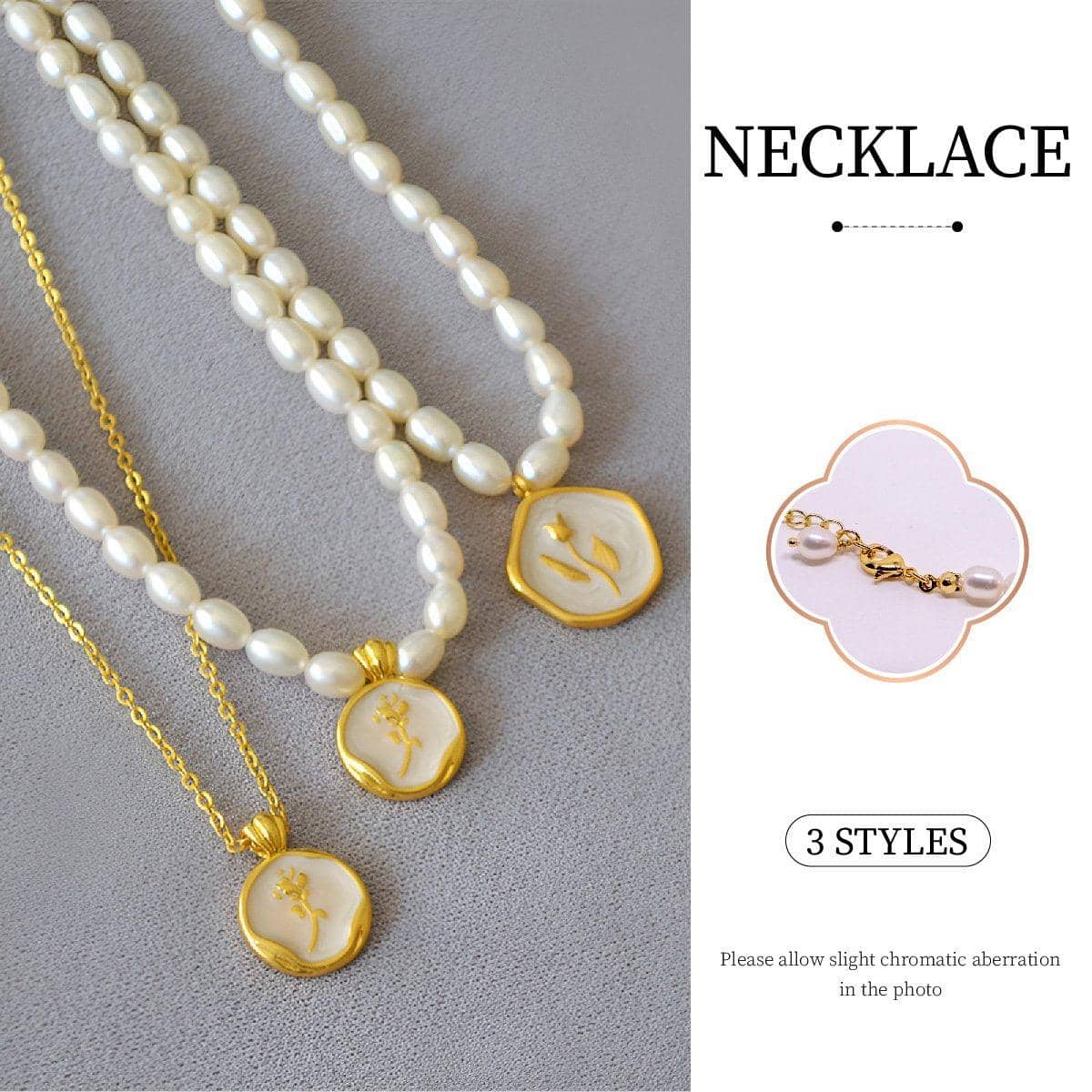 Vintage Floral Pendant Necklace - Pearl Strand, White Enamel Rose - view 2